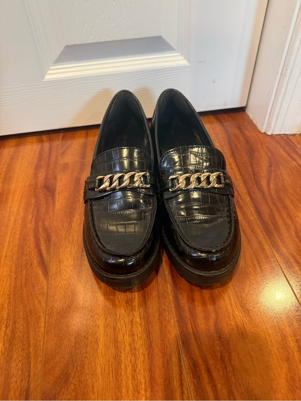 Old Navy Black Croc-Embossed Loafers with Gold Chain Accent